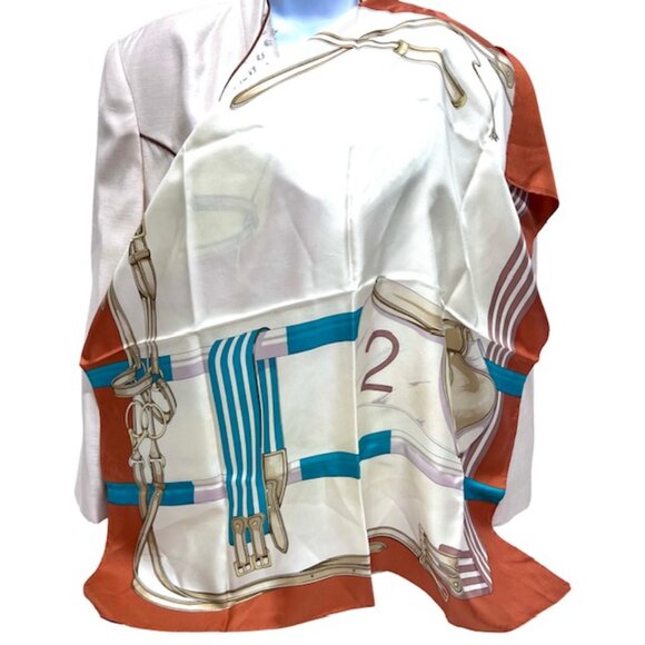 Vgt Celine Paris 100% Silk Scarf Satin 30" ivery beige orange blue belt (40 - Picture 4 of 8